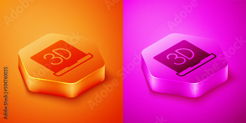 Isometric 3D printer icon isolated on orange and pink background. 3d printing. Hexagon button. Vector