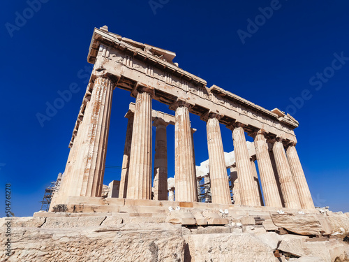 Parthenon temple on Acropolis of Athens, Greece, is a work of art. It is built without the use of mortar, with the stones being cut with precision and held together by lead clamps. 