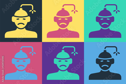 Pop art Concussion, headache, dizziness, migraine icon isolated on color background. Vector