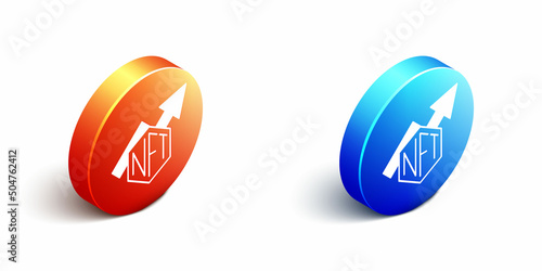 Isometric NFT growth bar chart icon isolated on white background. Non fungible token. Digital crypto art concept. Orange and blue circle button. Vector