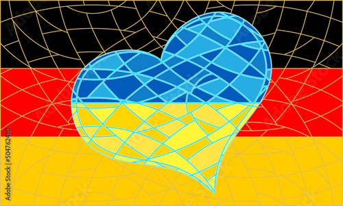 Ukraine flag in iconic heart shape placed over German flag to symbolise the acceptance of Ukrainian refugees into Germany, as well as the gratitude expressed by Ukrainian people for humanitarian aid