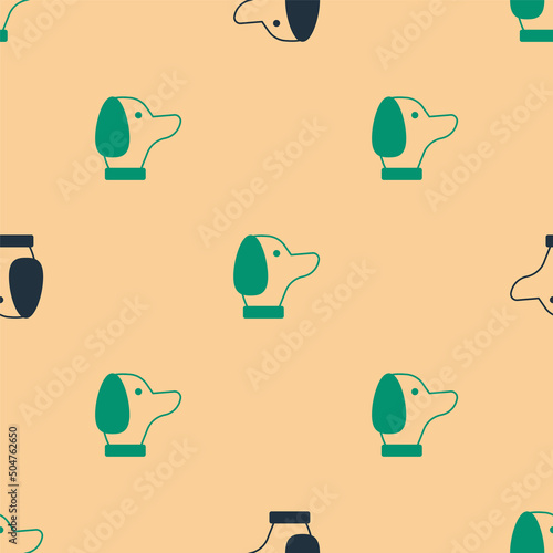 Green and black Dog icon isolated seamless pattern on beige background. Vector