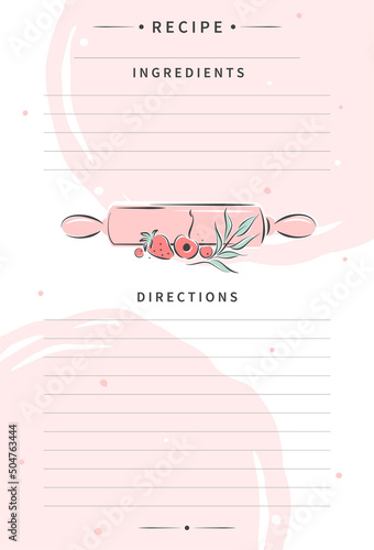 Clean pages of the cookbook are decorated rolling-pin and berries. Recipe card template for cooking notes. Vector illustration.