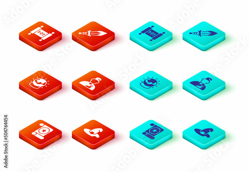 Set Magic scroll, Witch hat, ball, Wizard warlock, Medieval sword and icon. Vector