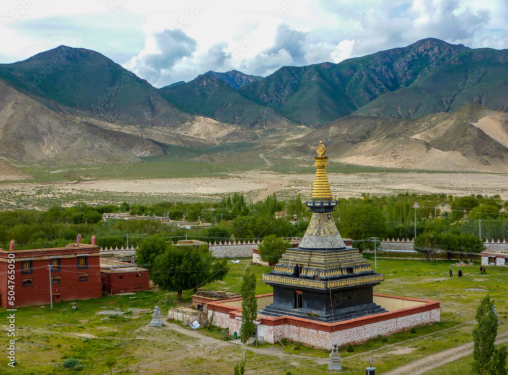 Landscape with black stupa in Samye, Tibet

