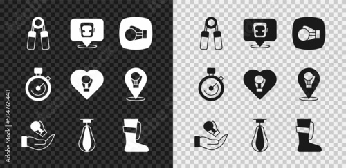 Set Sport expander, Boxing helmet, glove, Punching bag, boxing shoes, Stopwatch and icon. Vector