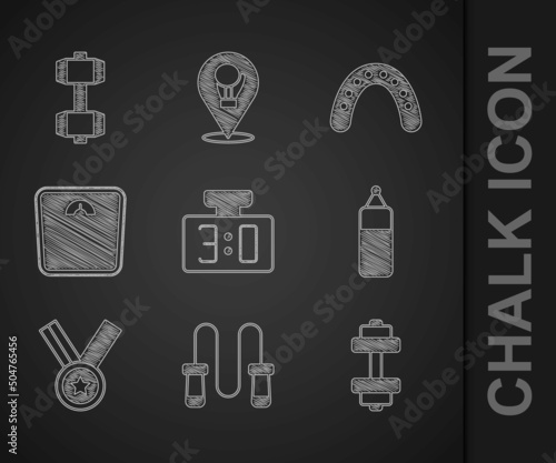 Set Sport mechanical scoreboard, Jump rope, Dumbbell, Punching bag, Medal, Bathroom scales, Mouth guard boxer and icon. Vector