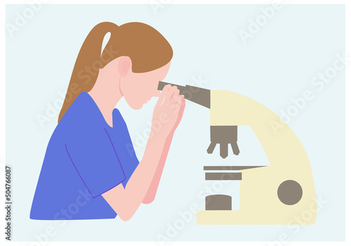 Woman, doctor looks into a microscope on a blue background, side view, vector, illustration