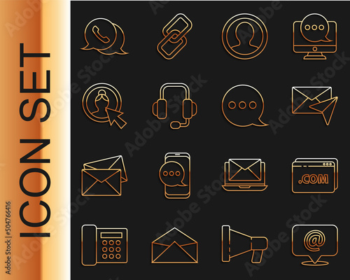 Set line Mail and e-mail, Website template, Envelope, Create account screen, Headphones, Telephone with speech bubble chat and Speech icon. Vector