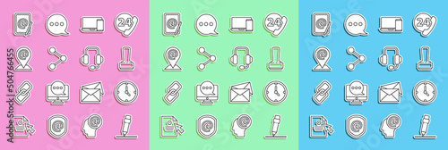 Set line Pencil with eraser, Clock, Stamp, Monitor and phone, Share, Location mail e-mail, Mail and Headphones icon. Vector