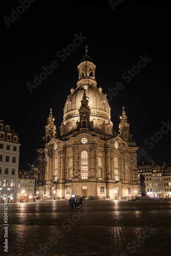View to the lighting church Frauenkirche by night in the city Dresden.