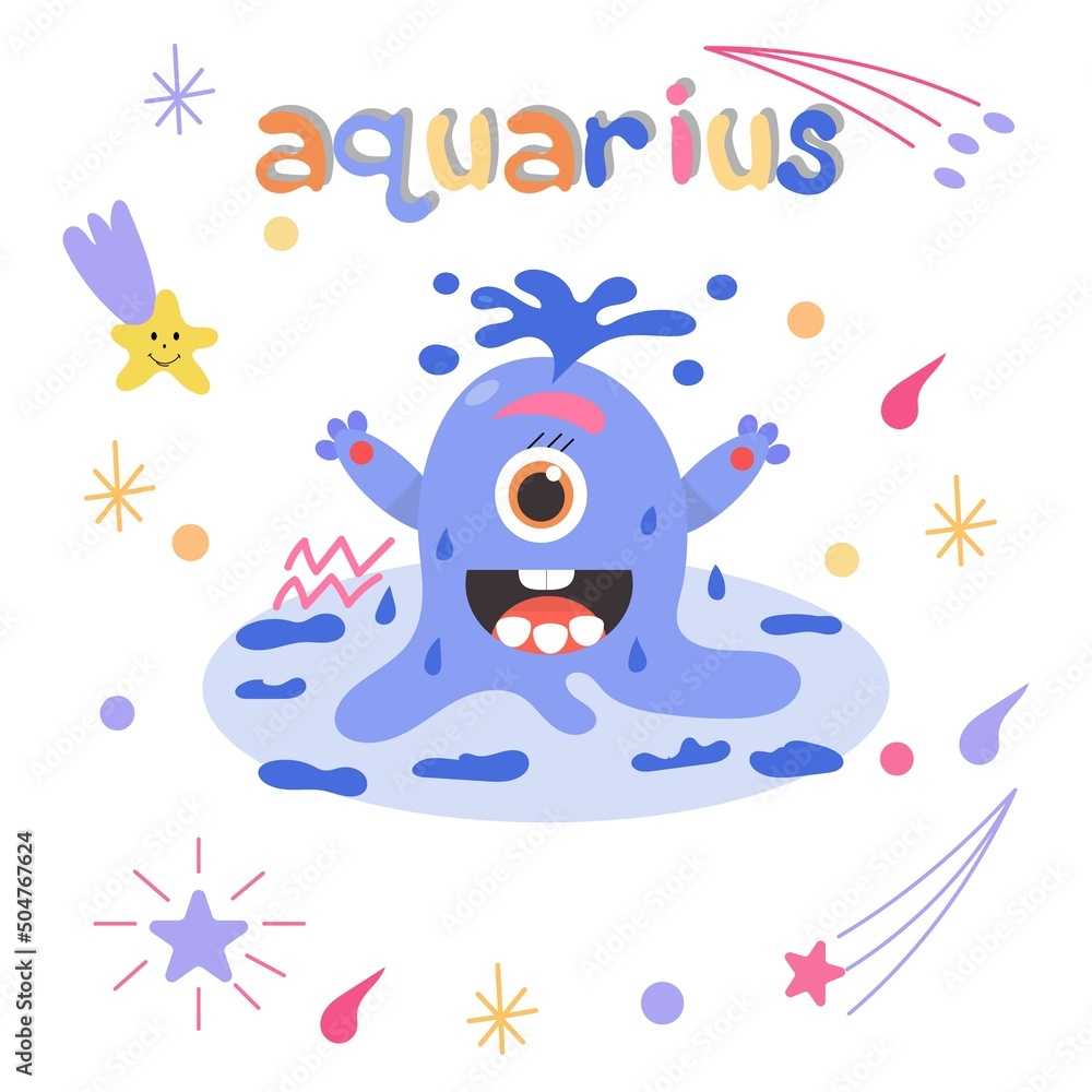 Fototapeta premium Cute cartoon zodiac monster Aquarius. Against the background of cosmic attributes, stars, shooting star, zodiac sign. Great print for kids clothes. Postcard for congratulations. 