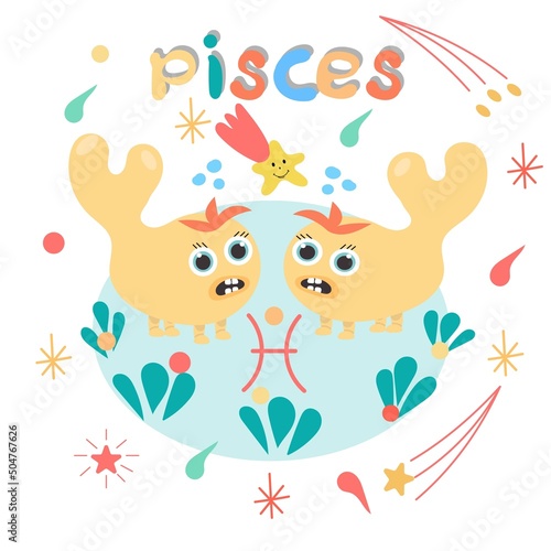 Cute cartoon zodiac monster Pisces. Against the background of cosmic attributes  stars  shooting star  zodiac sign. Great print for kids clothes. Postcard for congratulations. 