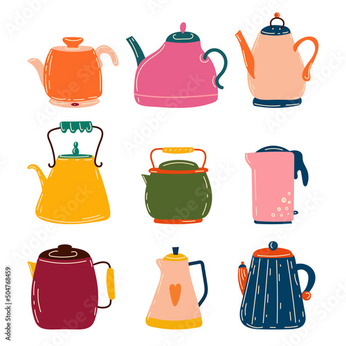 kitchen teapot set. Tea party. Bright teapots of different types. Items are isolated on white background. Editable vector cartoon illustration