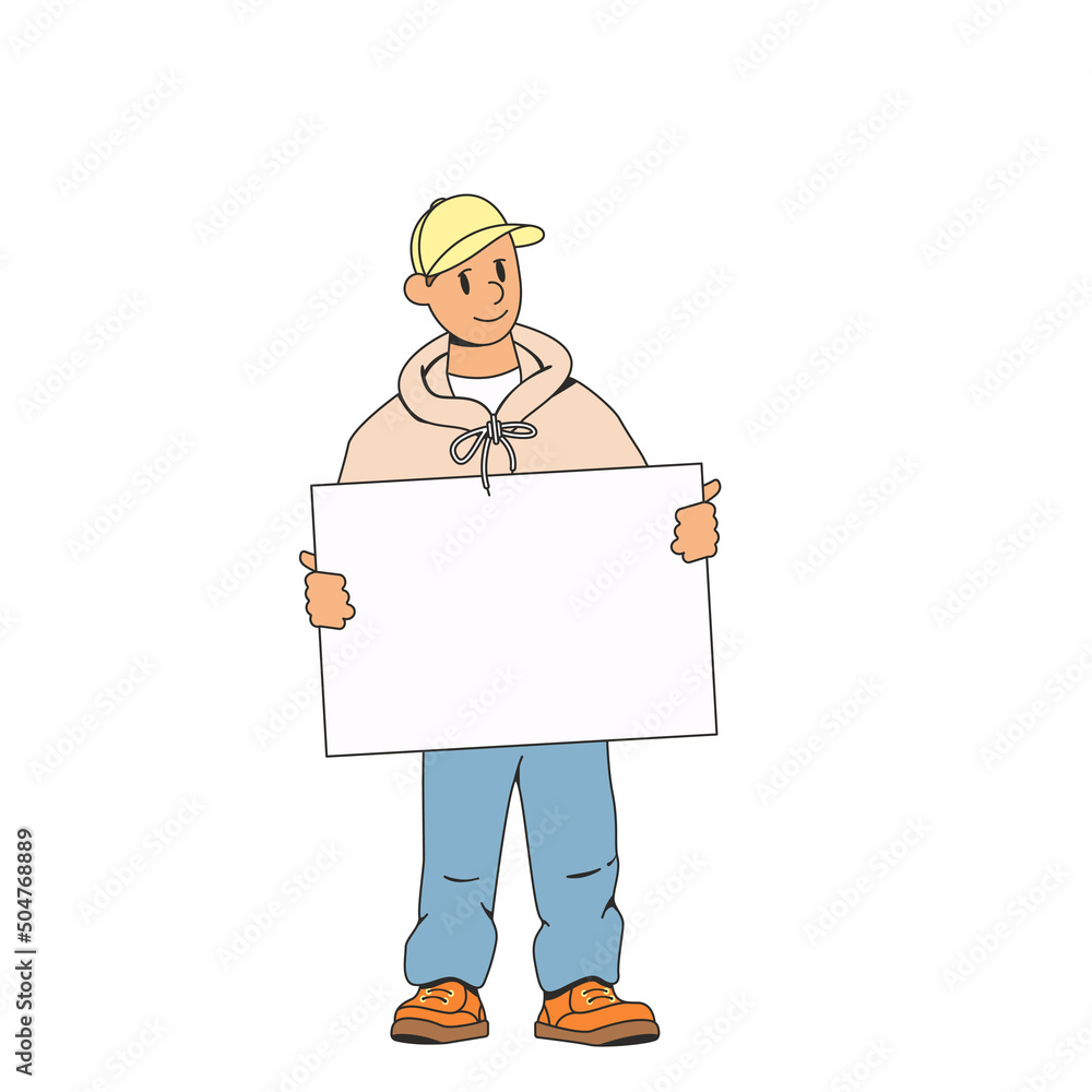Man holding a blank advertising banner for text in front of him. Concept for advertising or other information. Hitchhiking a car. Stock vector illustration of a man with a poster. Isolated background. Man holding a blank advertising banner for text in front of him. Concept for advertising or other information. Hitchhiking a car. Stock vector illustration of a man with a poster. Isolated background.