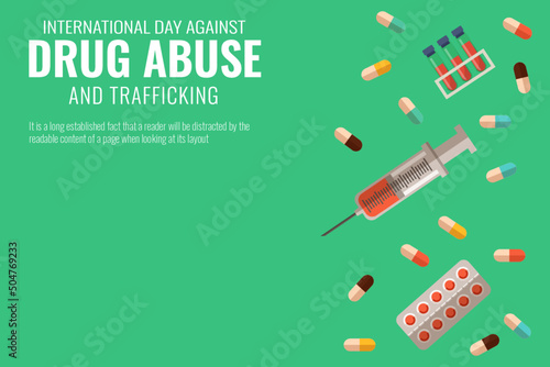 The simplicity banner of 26 june International day against drug abuse and trafficking, green background