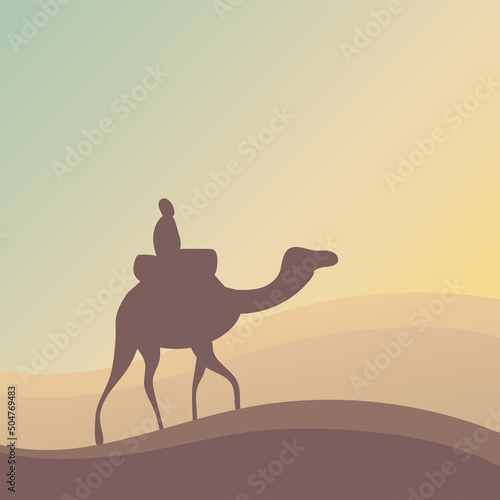 Silhouette of a camel and a bedouin in a hot desert. Animal of Africa on the way. Landscape with sand dunes and sunrise. Vector cartoon background illustration