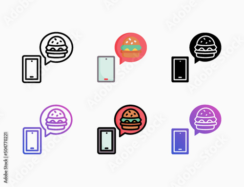 Online order with smartphone and bubble, burger and glass icon set with different styles. Editable stroke and pixel perfect. Can be used for digital product, presentation, print design and more.