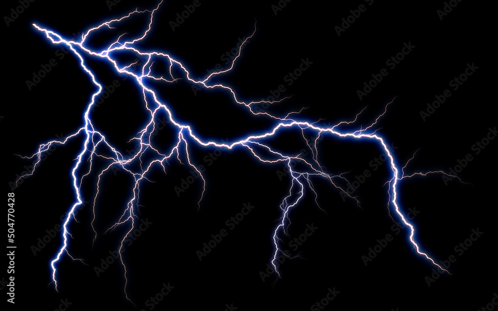 Massive lightning bolt with branches isolated on black background. Branched lightning bolt. Electric bolt. - obrazy, fototapety, plakaty 