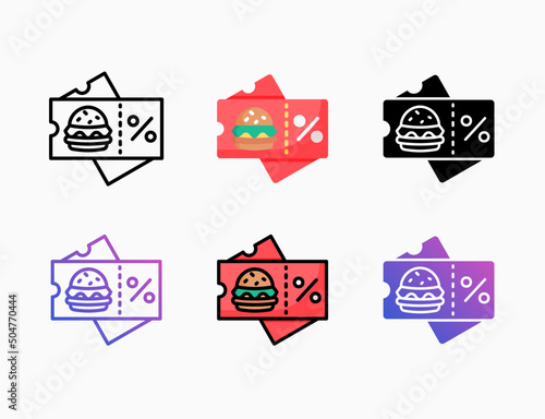 Coupon food voucher icon set with different styles. Editable stroke and pixel perfect. Can be used for digital product, presentation, print design and more.