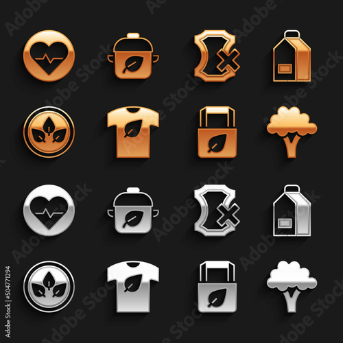 Set Vegan shirt, Paper package for milk, Broccoli, Shopping bag with recycle, food diet, No leather, Heart rate and icon. Vector