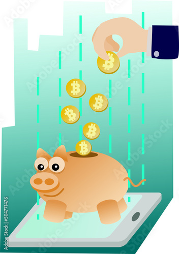 Saving criptocurrency in virtual piggy bank photo