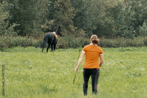 Rider walk following runaway horse in field, rear view. © Ирина Орлова