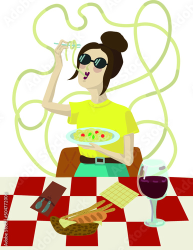 Девушка ест спагетти
 girl eating italian spaghetti