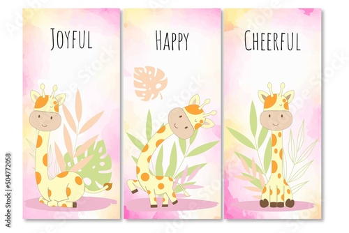 Vector illustration Set of three children bookmarks decorated with cute giraffe on colorful watercolor background. Bookmarks with modern creative design  printable template