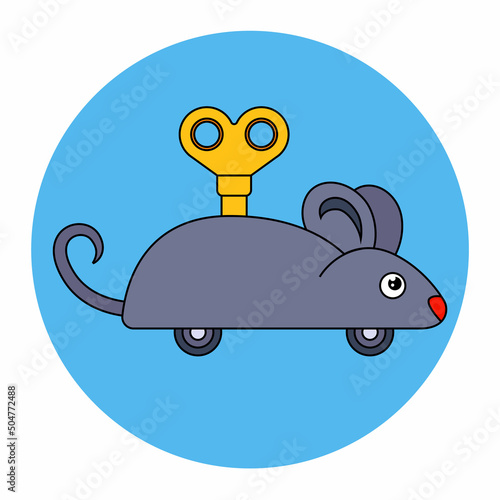 A clockwork gray mouse with a key on its back. Flat character vector illustration.
