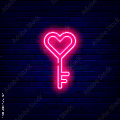 Key with heart neon icon. Romantic signboard. Wedding concept. Valentines day emblem. Vector stock illustration