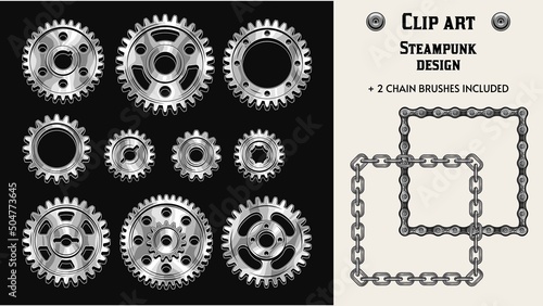 Set with monochrome detailed vintage design elements. Silver gears, metal chains pattern brushes, rivets on black, white background. Isolated vector illustration. Steampunk style