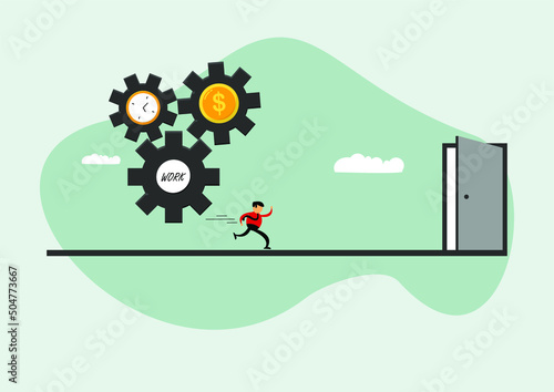 Effort and time to make money, long-term investment success, deadline effect to make people complete work concept, businessman running with full effort with gears to turn the gears of time and money