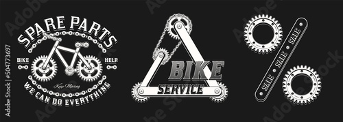 Set of monochrome labels for repair bicycle service in vintage steampunk style on a black background. Label made with gears, metal rails, rivets, bike chain. Vector illustration, t shirt design.