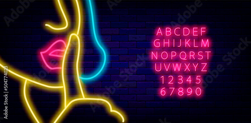 Pop art banner for advertising. Woman shh concept. Luminous label. Shiny pink alphabet. Vector illustration photo