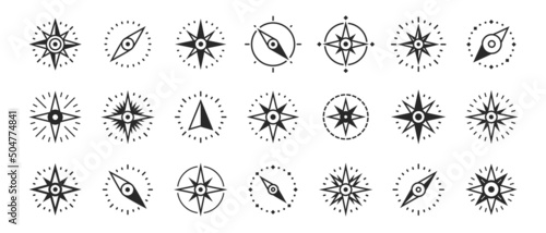 Navigational compass symbol. Nautical Wind Rose icon set. Geographical position, cartography and navigation vector