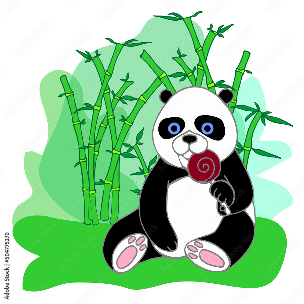 Contour Cub cute illustration of a panda cub with a lollipop on a light bamboo ...