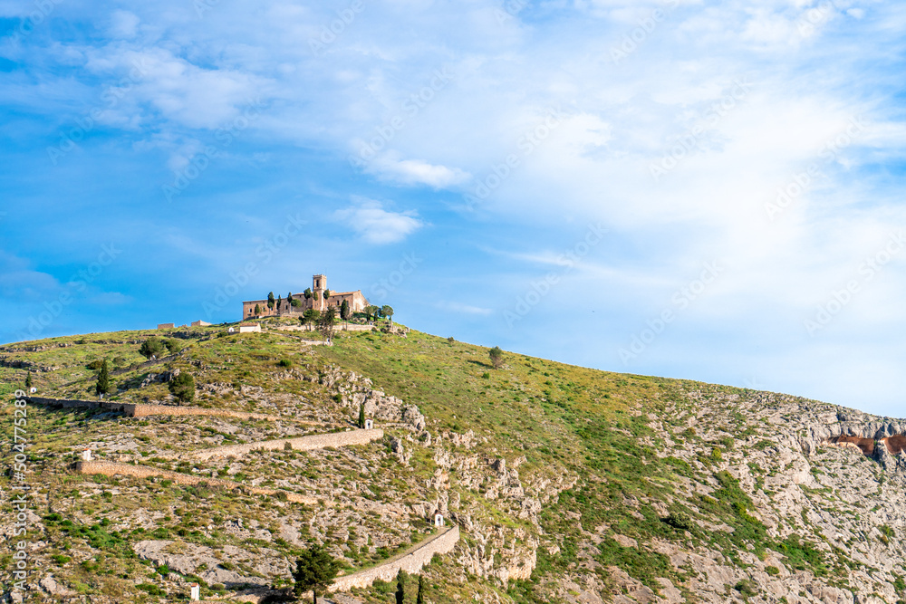 Fototapeta premium Views of the hermitage of Sant Crist, with the Calvary of ascent. In Bocairent (Valencia, Spain).