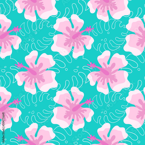 Pink Hibiscus flower, Hawaii, vector seamless pattern in the style of doodles, hand-drawn