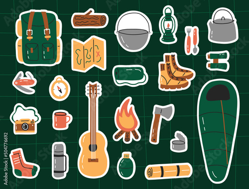 Camping equipment sticker set. Summer camp travel tools collection. Hand drawn flat style. Vector illustration.