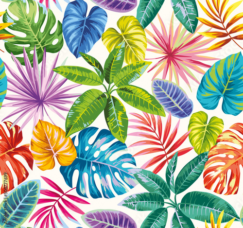 Hawaiian seamless pattern with exotic palm leaves. Tropical plants in realistic style. Foliage design. Vector botanical illustration on a white background.