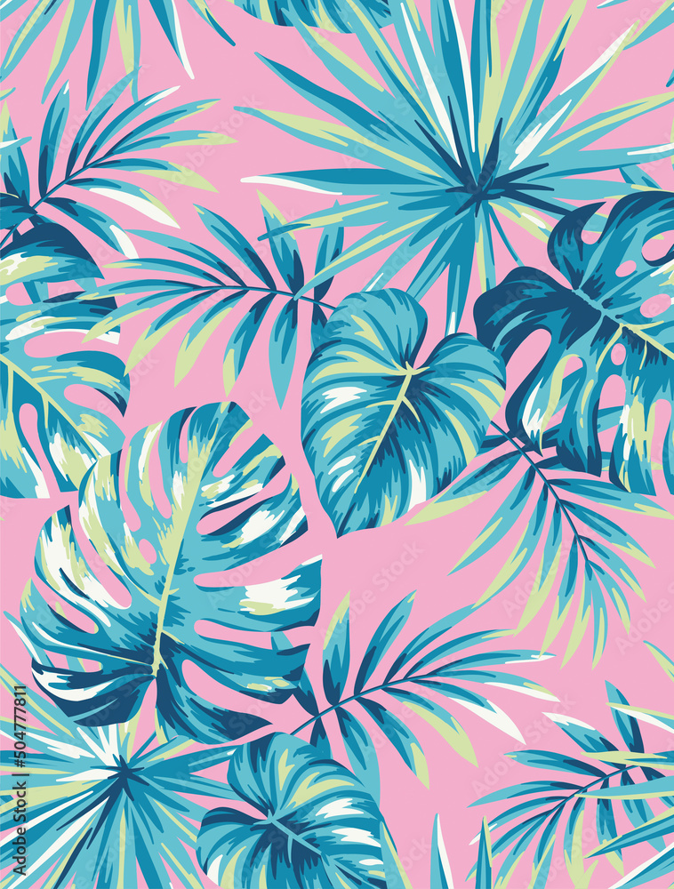 Fototapeta Hawaiian seamless pattern with exotic palm leaves. Tropical plants in realistic style. Foliage design. Vector botanical illustration on a pink background.
