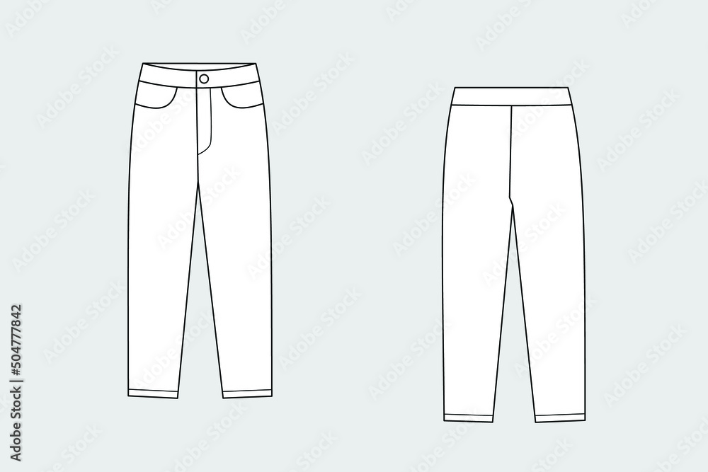 Woman trousers and jeans vector template isolated on a grey background. Front and back view. Outline fashion technical sketch of clothes model. Woman trousers and jeans vector template isolated on a grey background. Front and back view. Outline fashion technical sketch of clothes model.