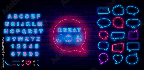 Great job neon sign. Shiny blue alphabet. Well done concept. Speech frames collection. Vector stock illustration