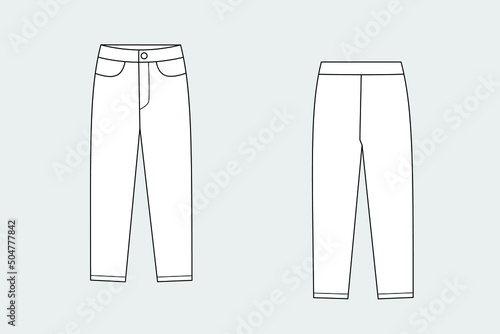 Woman trousers and jeans vector template isolated on a grey background. Front and back view. Outline fashion technical sketch of clothes model.