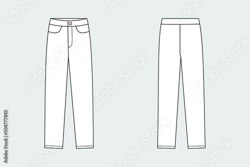 Woman trousers and jeans vector template isolated on a grey background. Front and back view. Outline fashion technical sketch of clothes model.