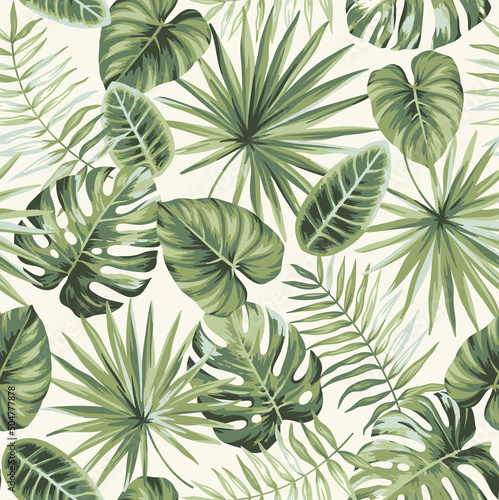Hawaiian seamless pattern with exotic palm leaves. Tropical plants in realistic style. Foliage design. Vector botanical illustration on a white background.