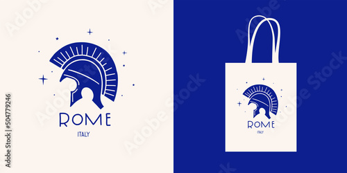 Medieval helmet of a Roman legionnaire with crest. Print for a shopper bags and other souvenirs. Popular symbol of the country of Italy. Vector illustration isolated.