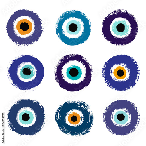 Set of grunge hand drawn Turkish evil eye. Symbol of protection in Greece, Cyprus. Amulet from evil eye.