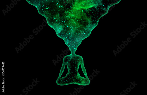 Starry green universe in a form of a woman in the lotus pose on a black background